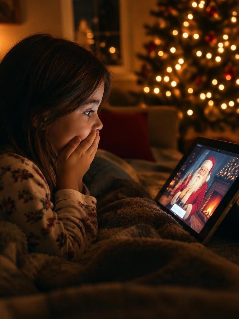 Criança surpresa assistindo ao Papai Noel no tablet
