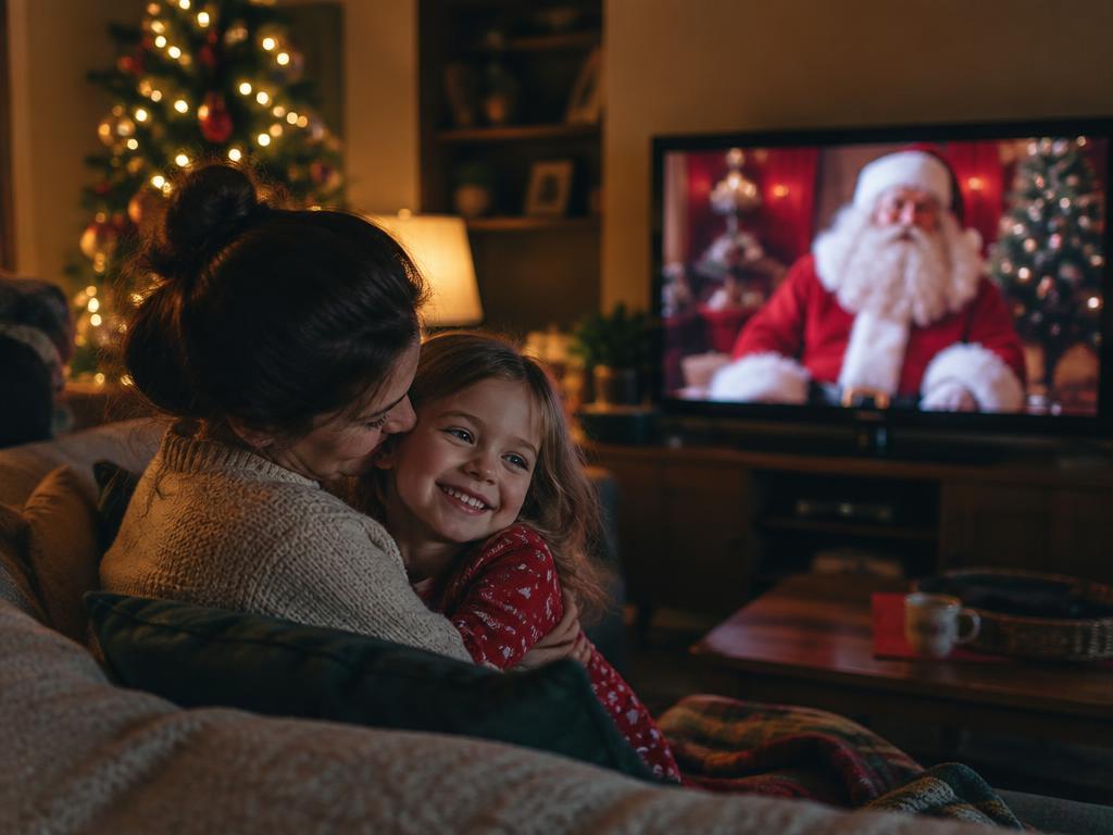 Mãe abraçando a filha diante da TV com o Papai Noel
