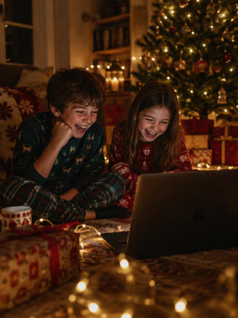 Irmãos rindo diante do vídeo do Noel